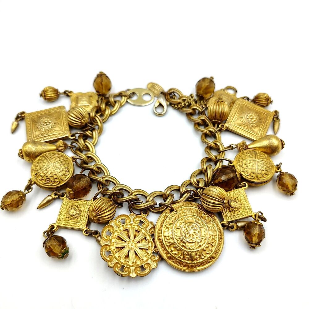 Vintage Miriam Haskell Gold Tone Charm Cha-cha Bracelet 7.5" Signed Rare